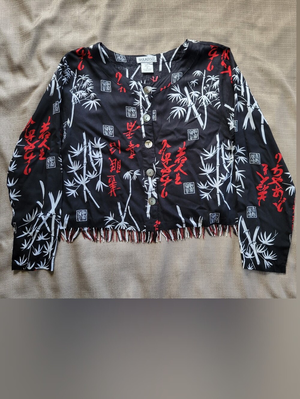 Paradiso 90s Vintage Asian Inspired Bamboo Print Fringed Crop Top